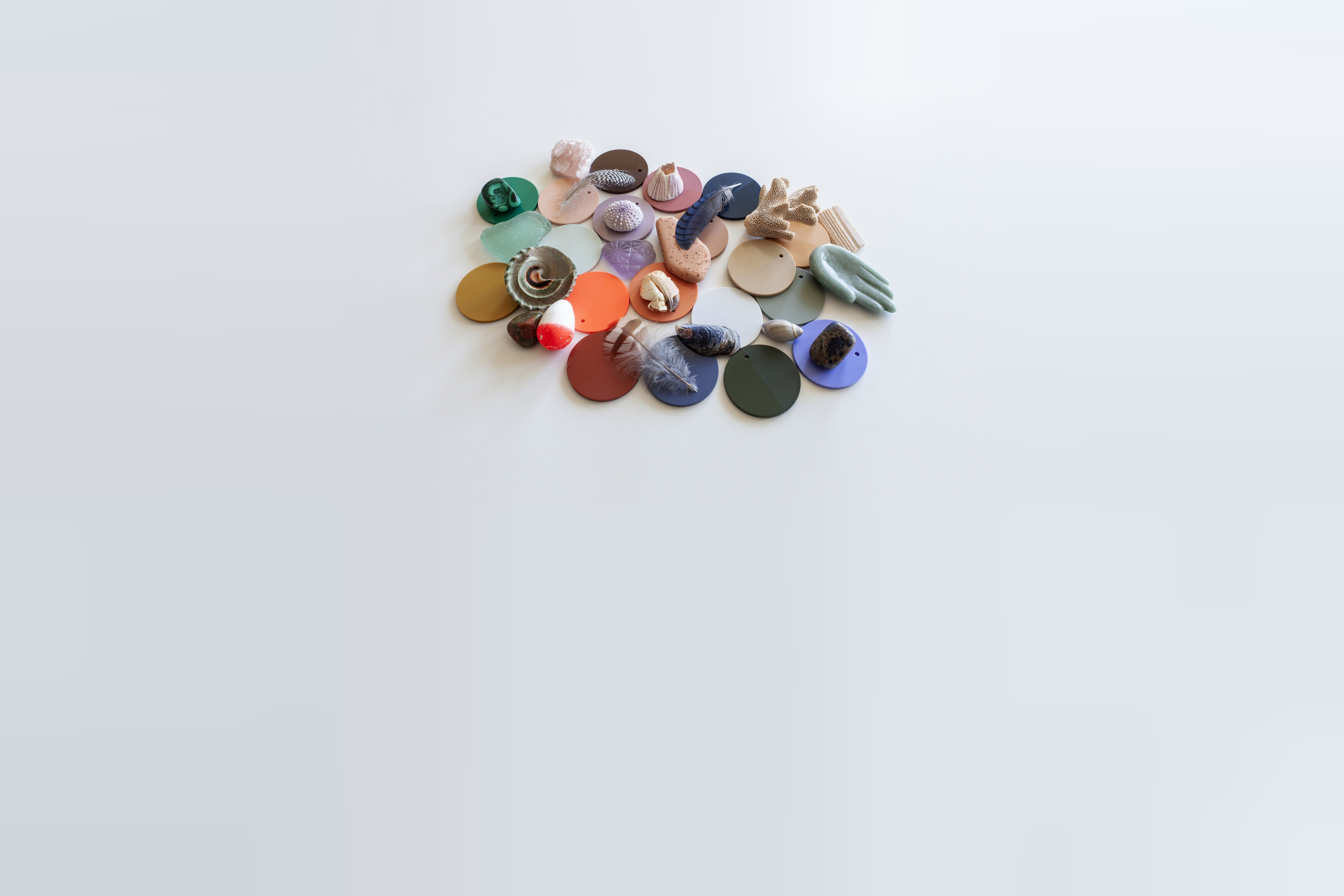Color chips gathered with shells, feathers, stones and coral: a palette drawn from natural objects