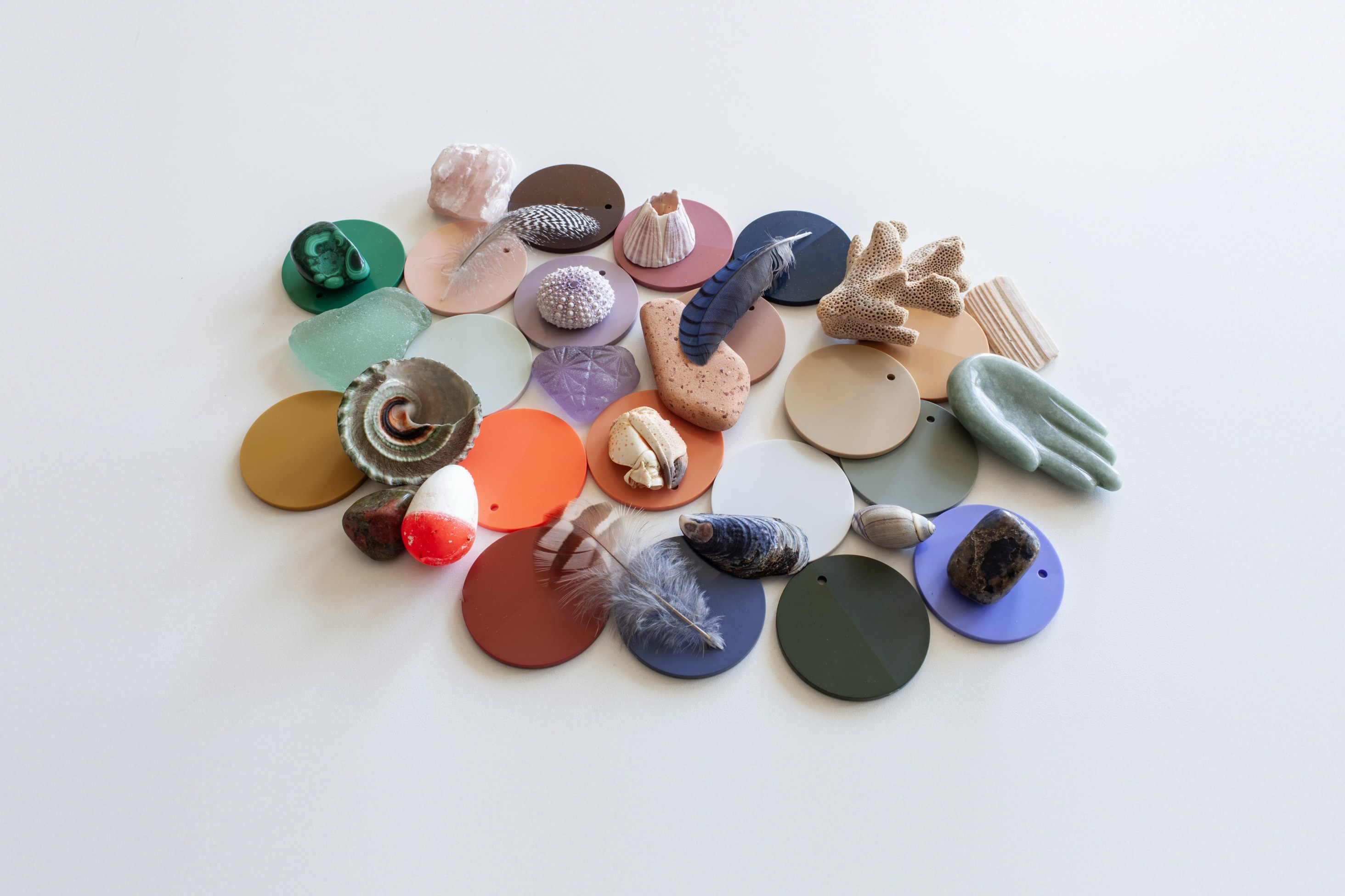 Color chips gathered with shells, feathers, stones and coral: a palette drawn from natural objects